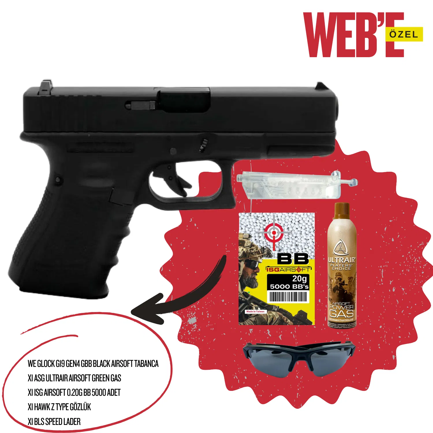 WE GLOCK G19 GEN4 GBB BLACK AIRSOFT TABANCA SETİ
